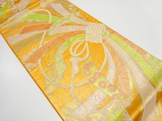 JAPANESE KIMONO / ANTIQUE FUKURO OBI / SILK / WOVEN NOSHI & FLOWER